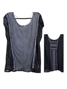 Free People Distressed Stone Wash Crochet Cap Sleeve Tunic w/ Ribbon Details, M